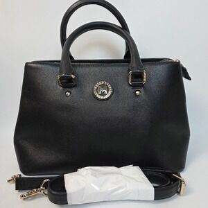 Metrocity Black Saffiano Leather Satchel Bag Gold Hardware Crossbody Handbag